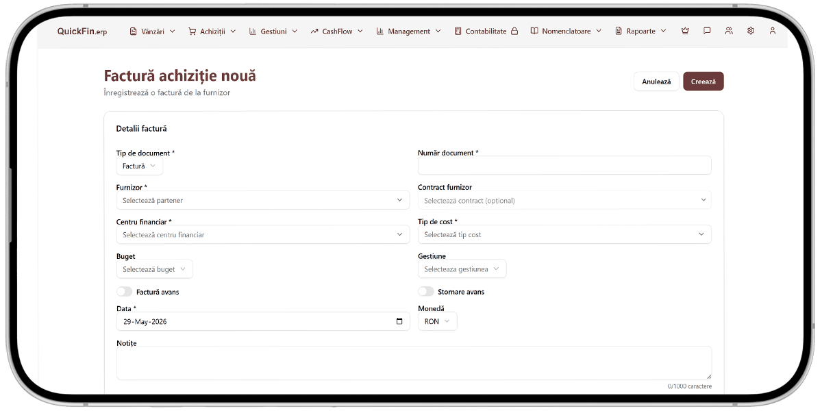 quickfin.erp - formular factura achizitie noua