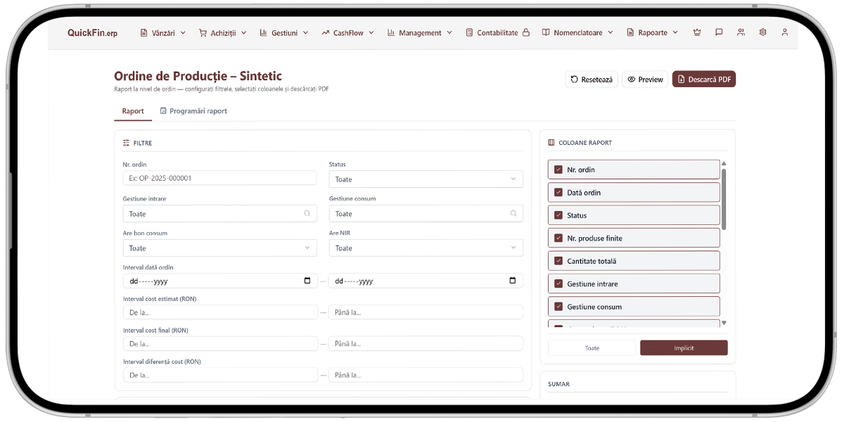 quickfin.erp - raport sintetic ordine de productie