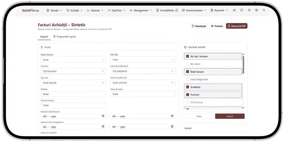 quickfin.erp - raport sintetic facturi achizitii