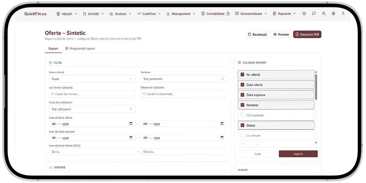 quickfin.erp - raport oferte sintetic
