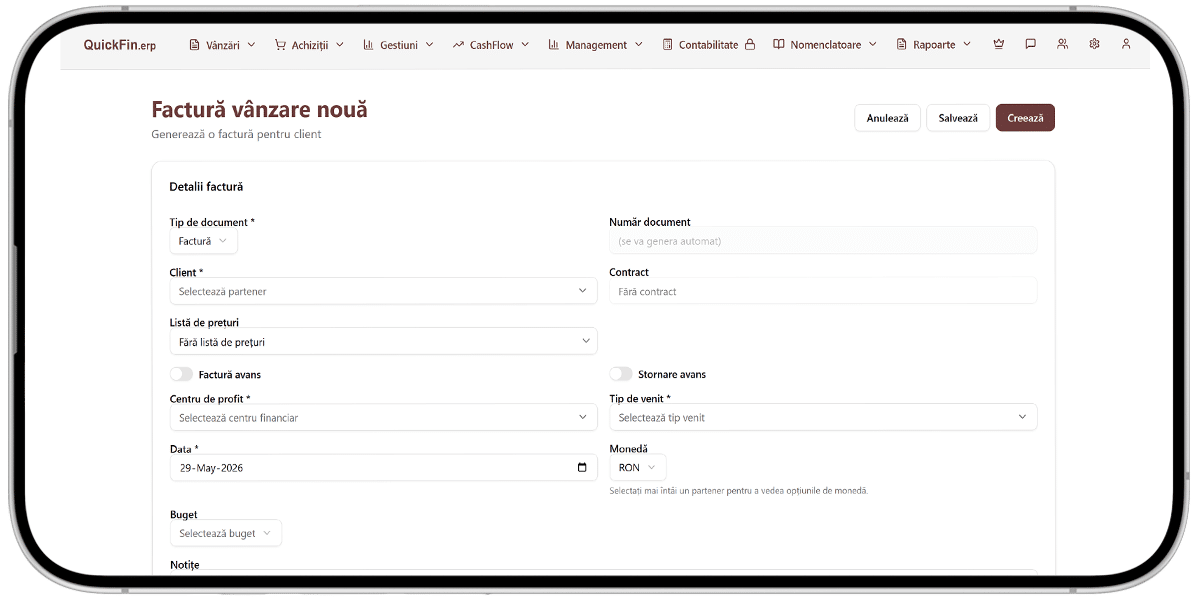 quickfin.erp - factura vanzare noua