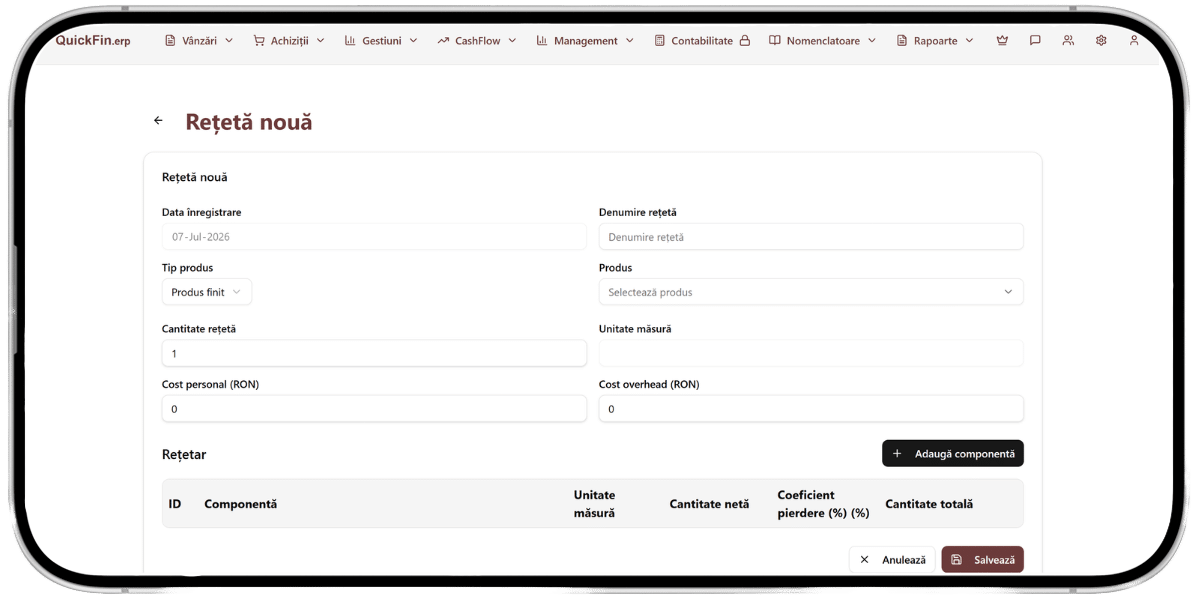 quickfin.erp - formular reteta nou