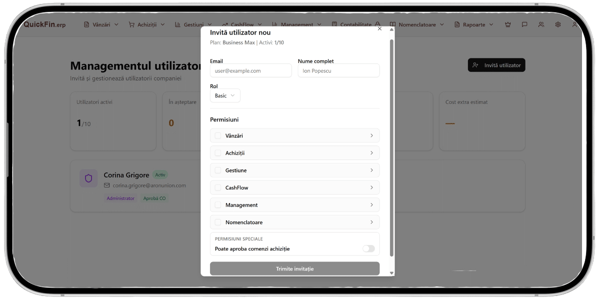 quickfin.erp - invitatie utilizator nou
